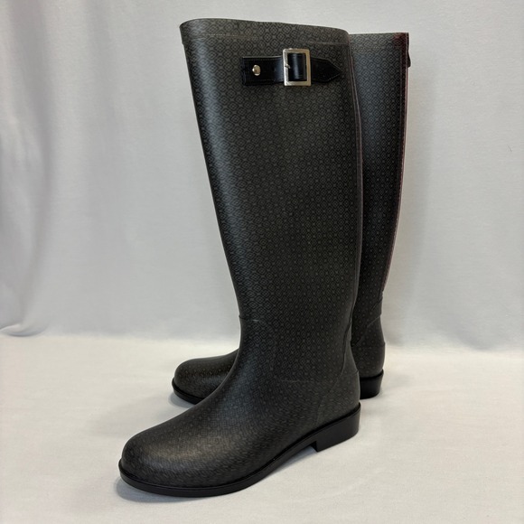 Black Micro-Pattern Knee High Rain Boots Red Zipper Women's EU 39 (US 8.5–9) - Picture 3 of 9